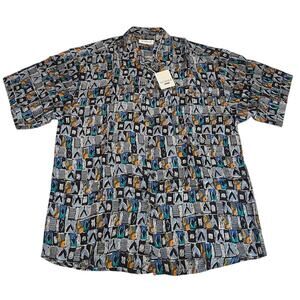 NWT VTG 80s Summa Silk Shirt Navy Light Blue Orange Tan Geometric Sz L